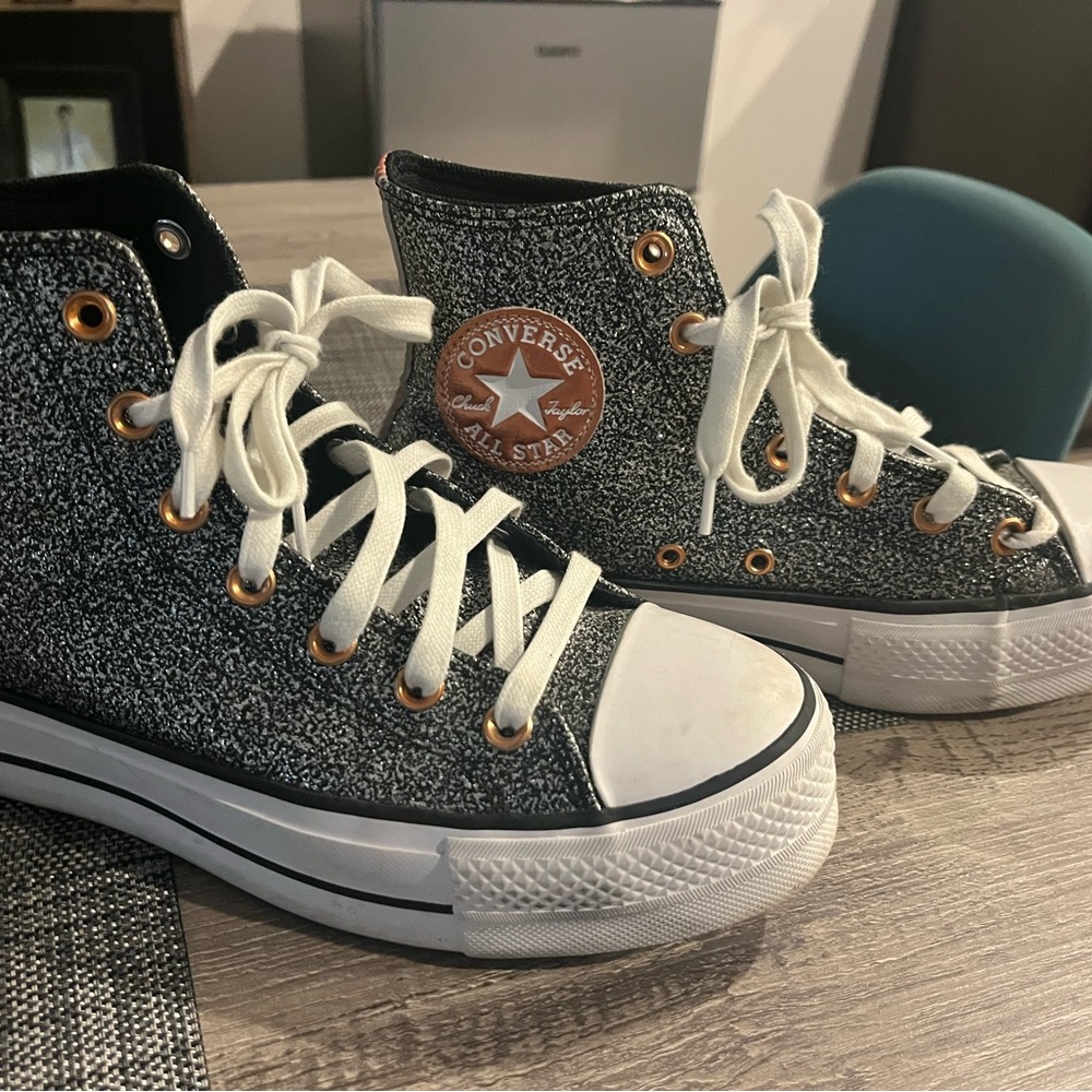 Converse High Top Sneakers - Black and Silver glittered with Gold Eyelets